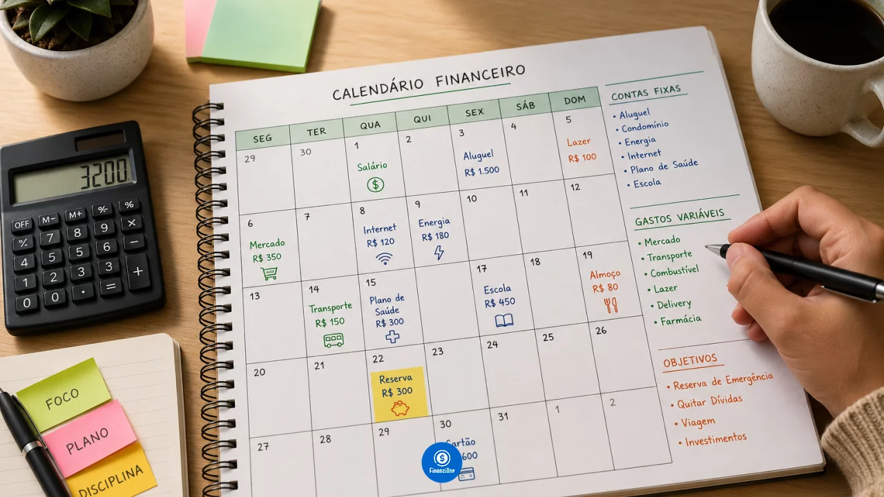 Calendário financeiro mensal: como separar contas fixas, variáveis e objetivos