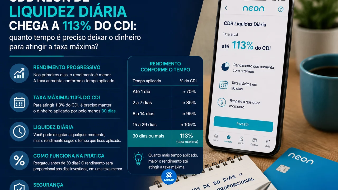 CDB Neon de liquidez diária chega a 113% do CDI: quanto tempo é preciso deixar o dinheiro para ating