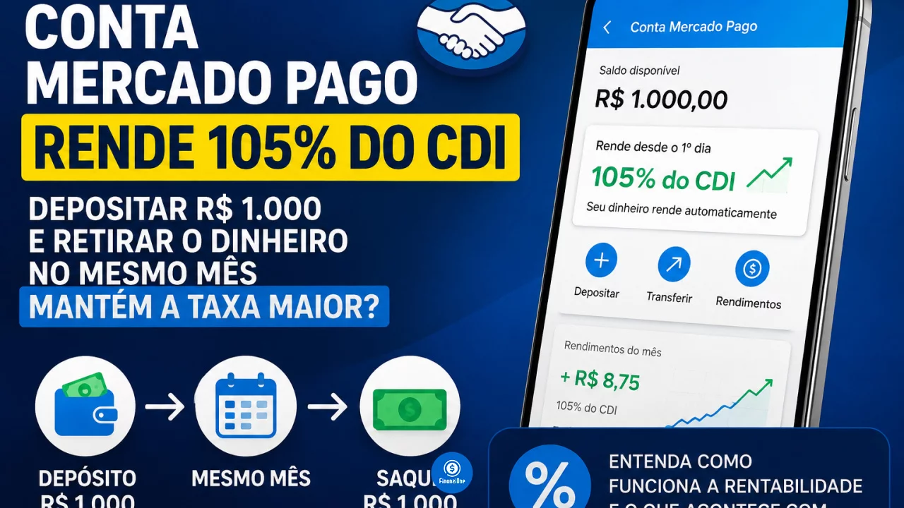 Conta Mercado Pago rende 105% do CDI: depositar R$ 1.000 e retirar o dinheiro no mesmo mês mantém a